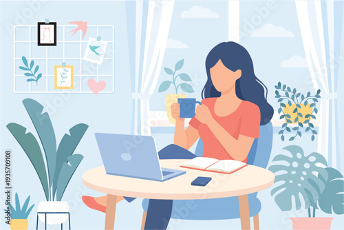Female entrepreneur working from home in cozy modern home office interior. Flat vector illustration with desktop computer, indoor plants and stylish workspace decor. Remote work, freelance lifestyle, 