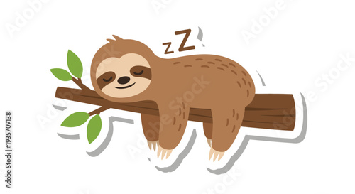Cartoon sloth sleeping peacefully on a tree branch with leafy foliage