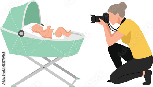 Professional female photographer taking photos of a newborn baby in a green cradle for family memory and studio