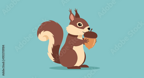 Cartoon squirrel holding acorn illustration on blue background