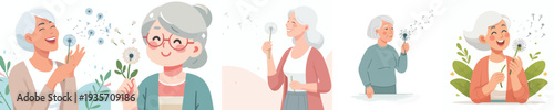 vector of happy grandma blowing dandelion flower