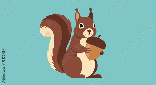 Cartoon squirrel holding acorn illustration on turquoise background