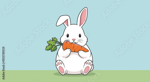 Cartoon white rabbit holding carrot on green and blue background