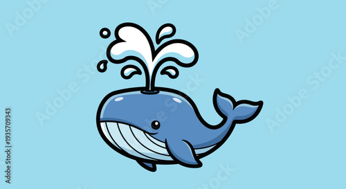 Cartoon whale spouting water against a light blue background