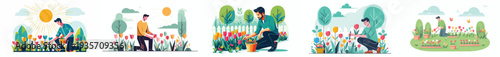 vector happy man picking flowers in tulip garden