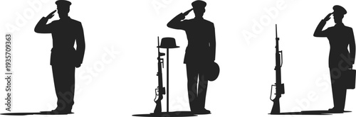 Silhouette illustration of soldiers saluting, battlefield cross with rifle helmet boots, military respect tribute, vector design representing honor remembrance fallen army personnel
