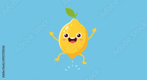 Cheerful cartoon lemon character jumping happily on a blue background