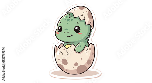 Cute cartoon baby dinosaur hatching from egg isolated on white background