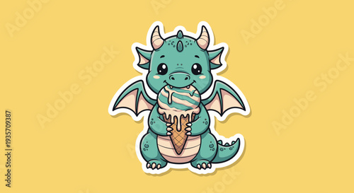 Cute cartoon dragon enjoying ice cream cone illustration over yellow background