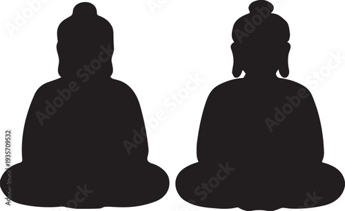 Buddha meditation silhouettes sitting lotus pose spiritual enlightenment Buddhism statue icon illustration set isolated on white background