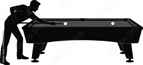 Billiards pool player silhouette vector illustration, sports recreation artwork, cue stick aiming design, precision shot concept, leisure game activity, competitive table sport graphic