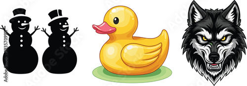 Black Snowman Silhouettes with Top Hats, Cute Yellow Rubber Duck Toy, and Detailed Grey Wolf Head Mascot Vector Illustration Collection