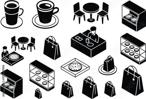 Cafe and bakery icons set with coffee cups tables pastries display counter shopping bags restaurant illustration collection