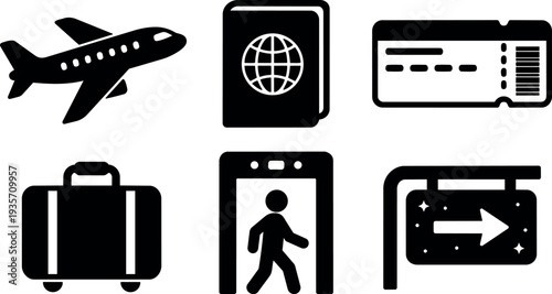 Flat design airport travel icons set showing airplane passport ticket suitcase passenger passing metal detector directional sign boarding walking silhouette