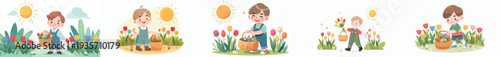 vector happy little boy picking flowers in tulip garden