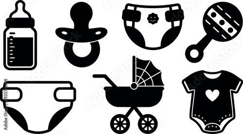 Flat design baby care icon set showing bottle pacifier diapers pram rattle onesie in simple black silhouette on white background