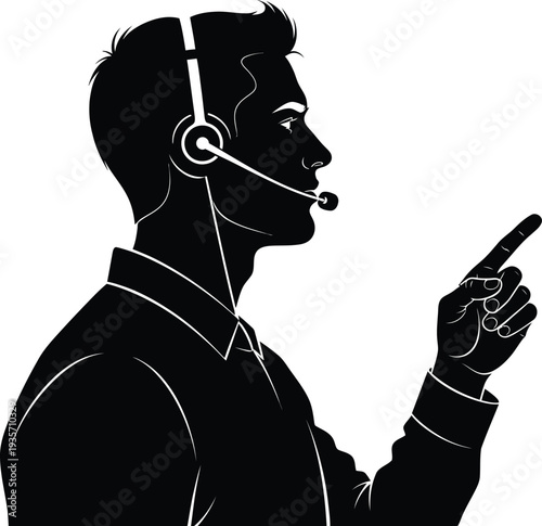 A silhouette of a man wearing a headset and pointing with his finger