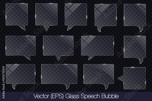 Realistic 3D transparent glass speech bubble in square and rectangle shape with glare, flat glass or plastic plate, flat transparent glass lens, realistic screen glass, window mockup