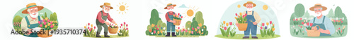 vector happy grandpa picking flowers in tulip garden