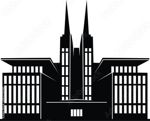 Black silhouette of a temple with two spires and symmetrical architecture