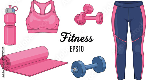 Women fitness clothing and equipment set including yoga mat sports bra leggings dumbbells and water bottle in pink colors