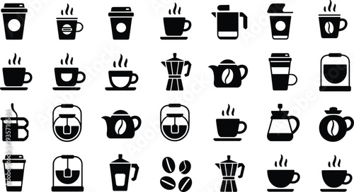Coffee cup and brewing equipment icons set with mugs beans kettle espresso maker cafe drink symbols illustration