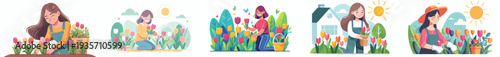 vector happy woman picking flowers in tulip garden