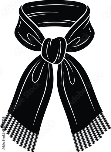A black scarf with a stylish knot and fringed ends on a white background