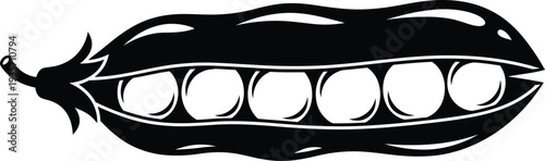 An illustration of a black pod with six white peas