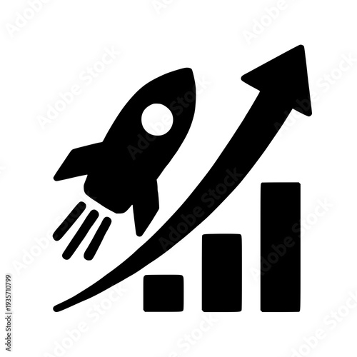 Launching a rocket amidst a rising bar chart growth trend