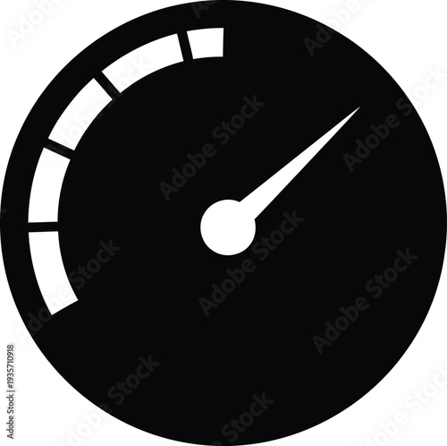 A simple black and white speedometer gauge icon with a white needle and markings