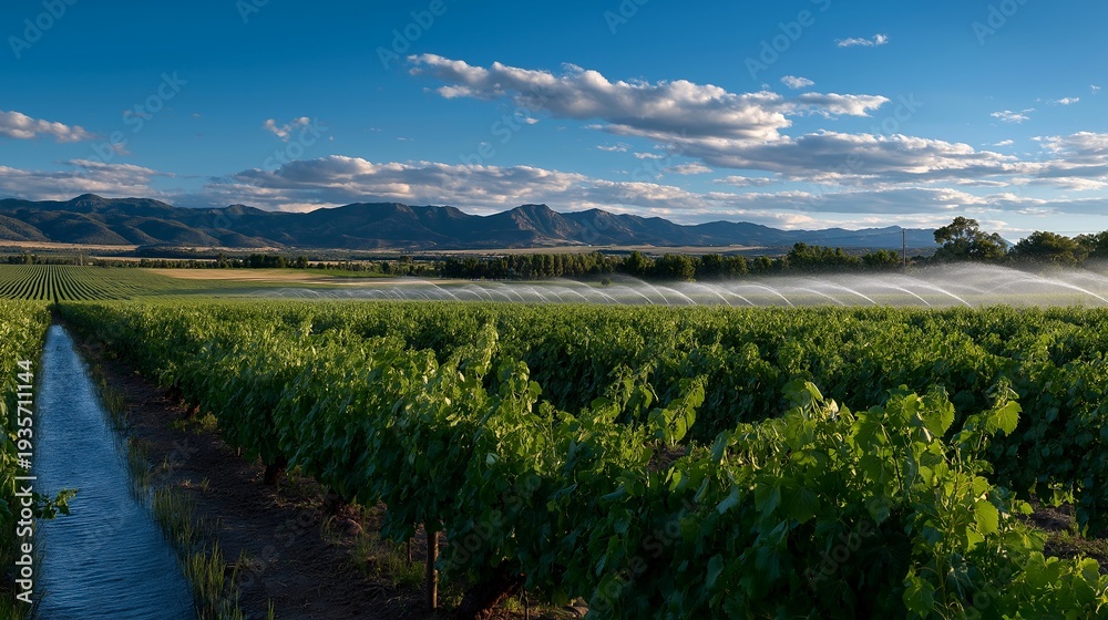 Naklejka premium Irrigation systems in vast agricultural fields showcase the importance of water management for optimal crop growth while highlighting the role of technology in enhancing farming efficiency and