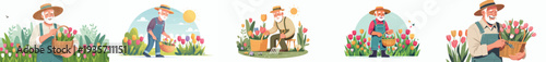 vector happy grandpa picking flowers in tulip garden