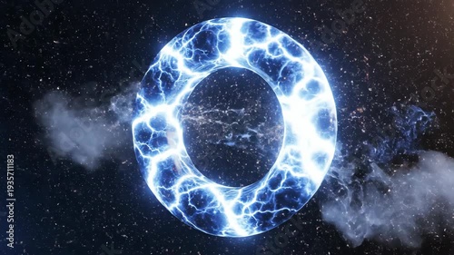 Luminous blue energy ring portal in dark cosmic space