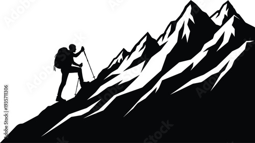 A hiker climbing a steep mountain with a walking stick