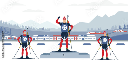 Biathlon winter sport podium illustration with athletes holding rifles and skis, mountain stadium background minimal flat design