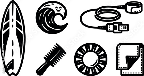 Flat design surf gear icon set showing surfboard wave leash comb lifebuoy towel arranged in minimalist monochrome line art illustration
