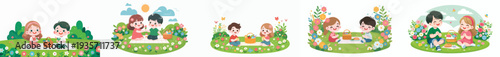 vector happy children having a simple picnic in spring