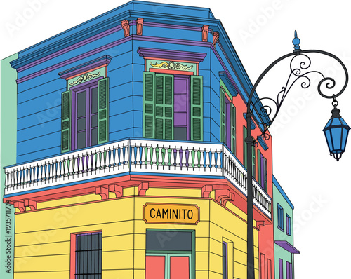 Colorful traditional architecture of Caminito in La Boca Buenos Aires Argentina with vintage street lamp and decorative balcony windows
