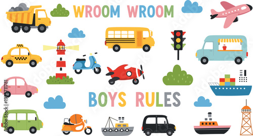 Kids Cartoon Transportation Icon Set Featuring Cars Airplane Bus Scooter Taxi Ship Lighthouse and Boys Rules Vehicle Collection.