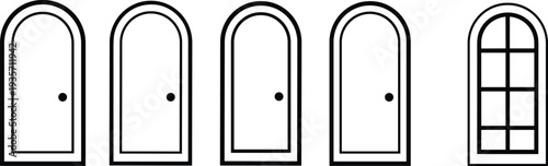 Black silhouette vector illustration of arched doors with doorknobs and one window design featuring multiple panes, arranged in vertical sequence layout
