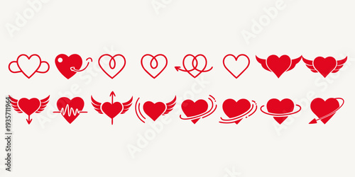 Diverse set of red heart icons for love and romance themed designs, perfect for Valentine's Day, anniversaries, and wedding celebrations