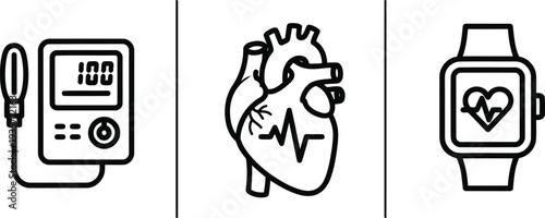 Vector of Medical icons set with heart rate monitor and smartwatch