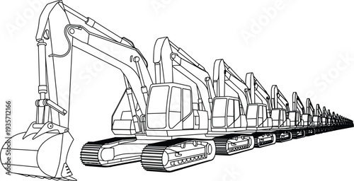 Hydraulic excavator lineup technical line drawing, construction machinery fleet illustration, heavy equipment engineering concept for industrial construction projects