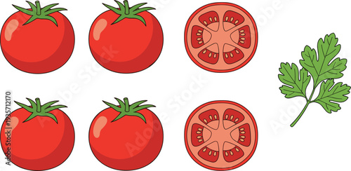Fresh tomato whole and sliced with parsley leaf healthy vegetable food ingredient vector illustration set