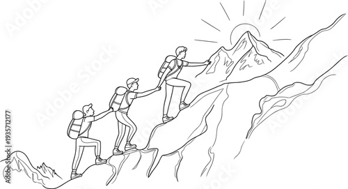 Hikers climbing mountain peak teamwork adventure line art illustration with backpackers reaching summit outdoor exploration concept drawing