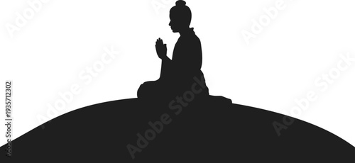 Meditating woman silhouette sitting on hill in prayer pose spiritual mindfulness yoga meditation calm peaceful isolated illustration