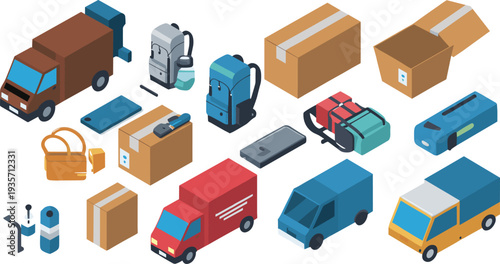 Isometric delivery logistics icons with trucks parcels backpacks smartphones and courier equipment shipping transportation minimal vector illustration set
