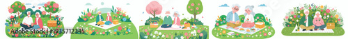 vector happy old couple having a simple picnic in spring