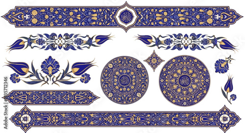 Ottoman Floral Tezhip Art Borders and Islamic Gold Illumination Vector